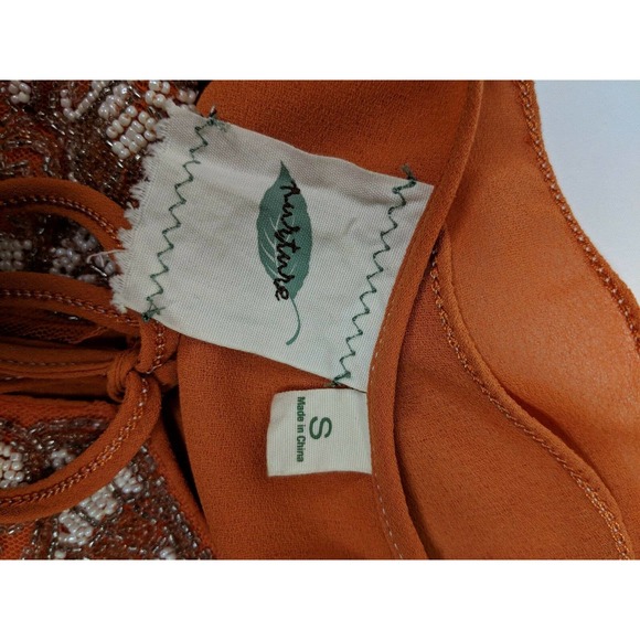 Nurture Apricot Blouse Embellished Beaded Size Small Billow Sleeves Front Tie - Picture 5 of 8